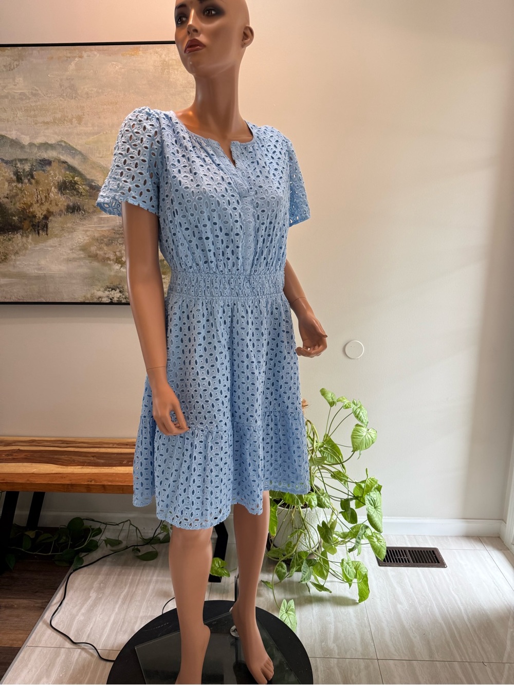 Light Blue Eyelet Midi Dress with Smocked Waist XL v neck short sleeve new